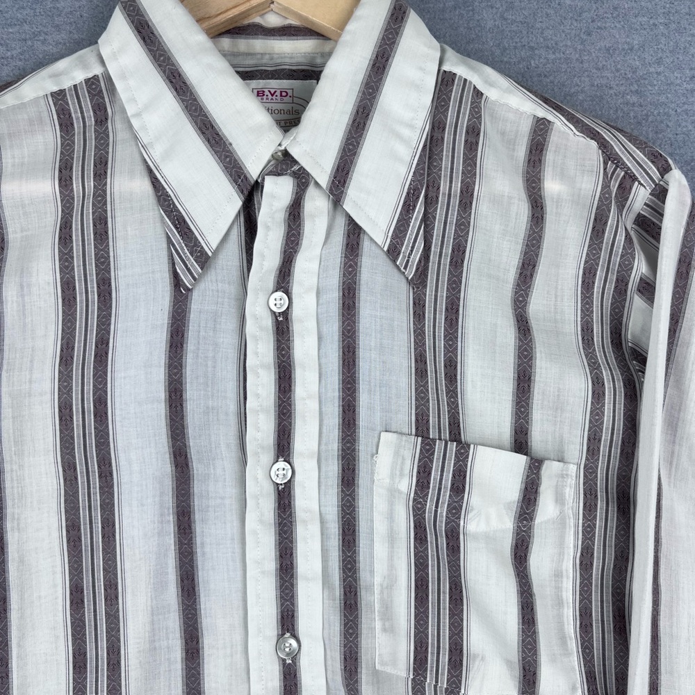 Vintage BVD Traditionals 70s Striped Button Up Shirt White Brown Permanent Press